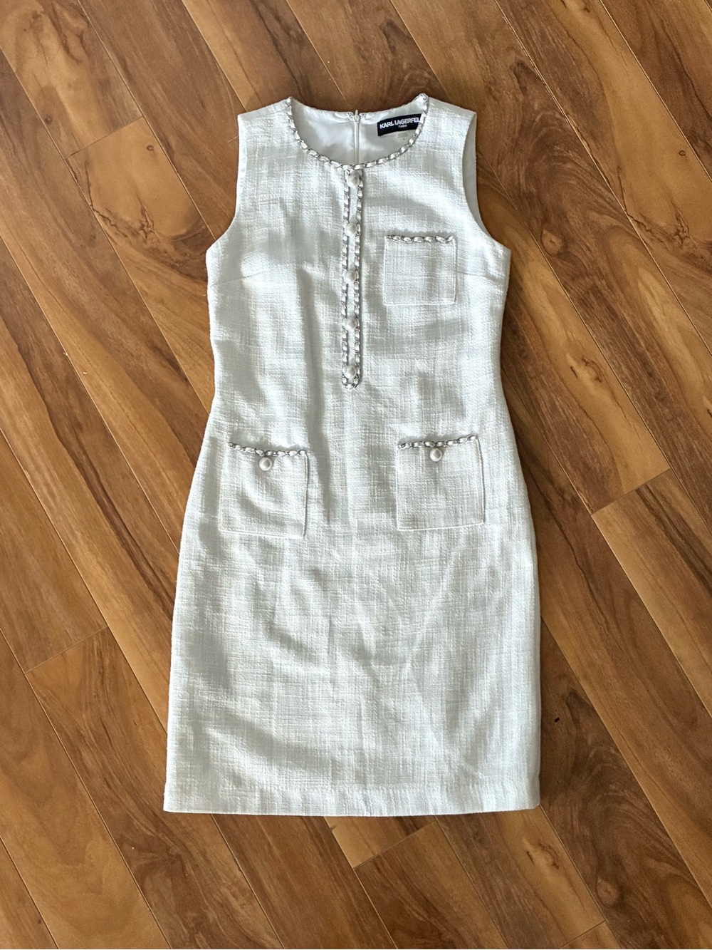 Karl Lagerfeld Ivory Tweed Shift Dress with Pearl Accents